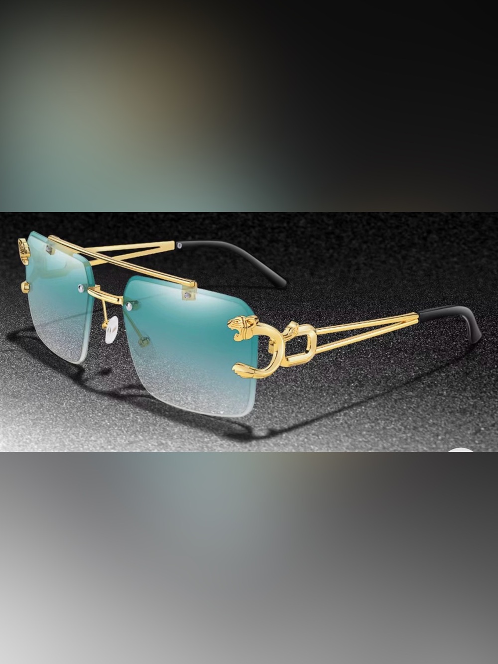 Rimless Gold-Accent Sunglasses with Teal Gradient Lenses